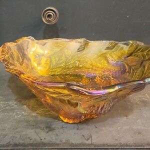 Amber‎ Iridescent Glass Leaf Dish Candy Nut Bowl carnival glass 7 inch